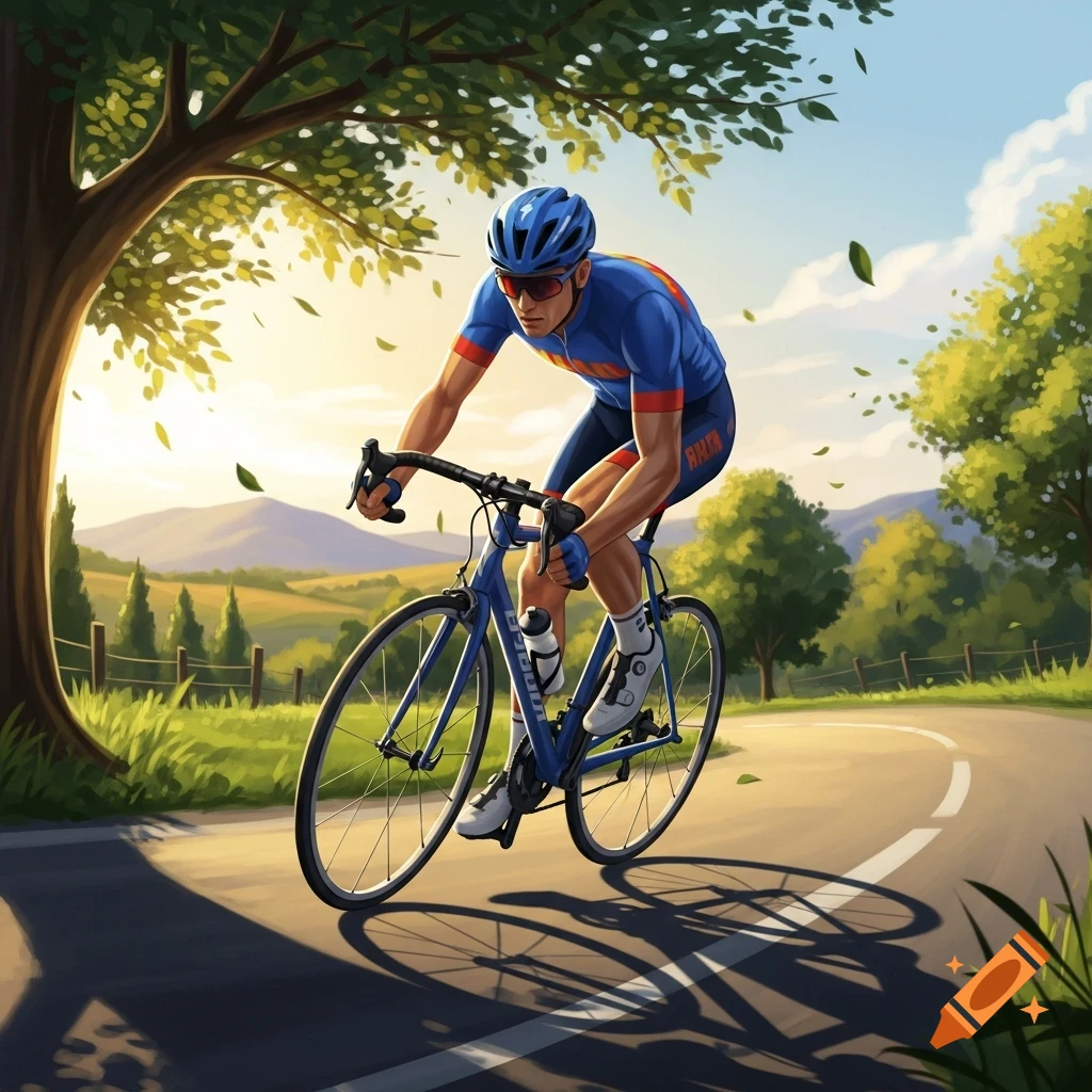 A male cyclist in a blue, red, and yellow suit rides a blue road bike on a winding, sunlit road through a green landscape with trees and hills.