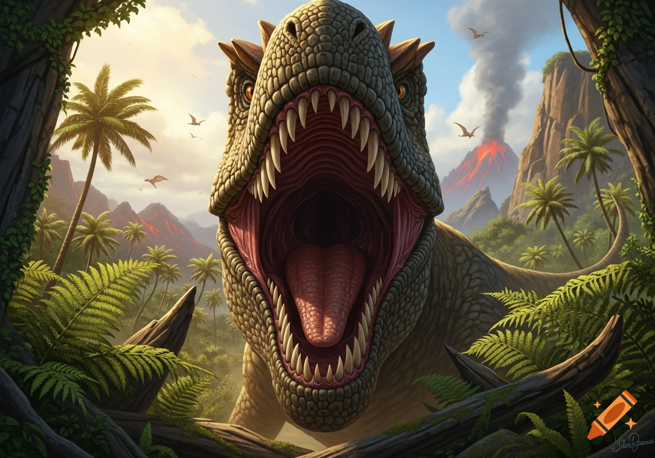A large dinosaur with its mouth wide open, revealing sharp teeth and a tongue, stands in a lush prehistoric jungle with erupting volcanoes in the background.