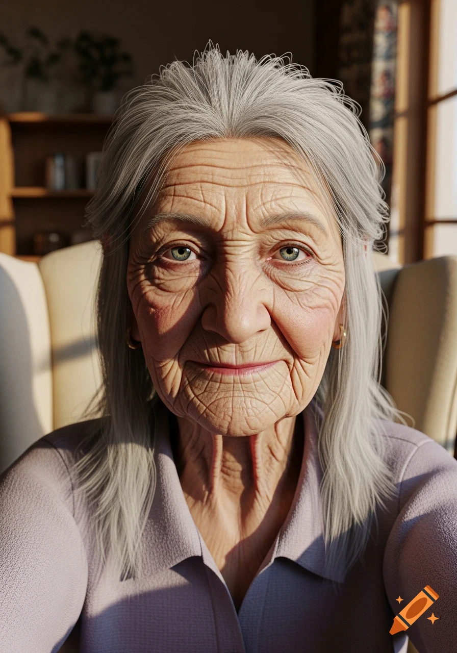 Close-up photorealistic selfie of a very old woman with gray hair, looking directly at the camera in warm indoor lighting.