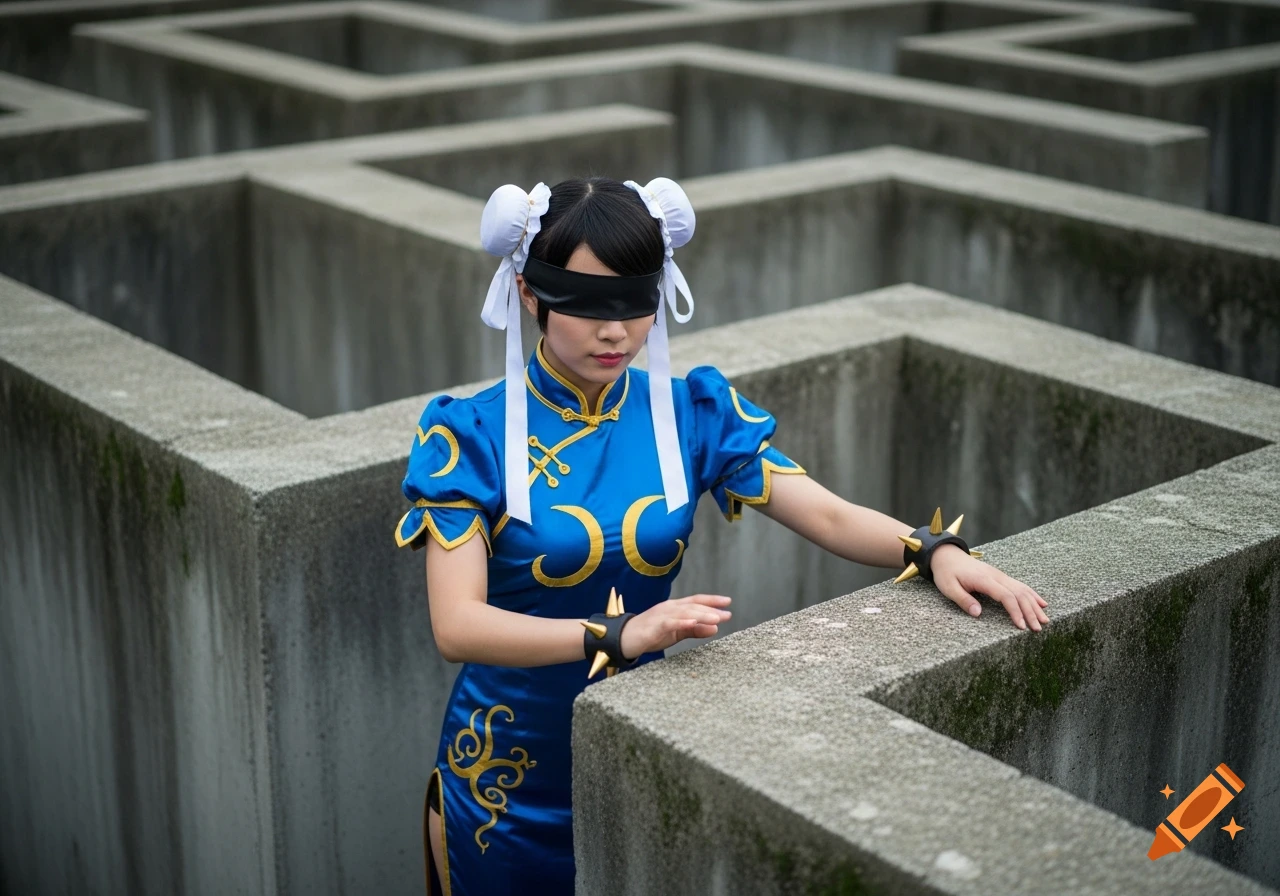 A blindfolded woman dressed as Chun Li in a blue costume navigates a concrete maze, her hand extended to feel the wall.
