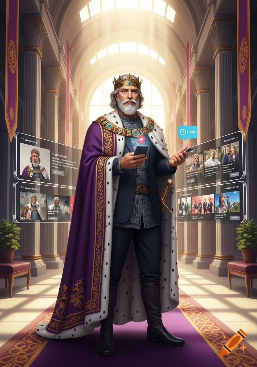 A majestic king in a purple robe and crown interacts with a smartphone and floating social media screens in a grand hall.