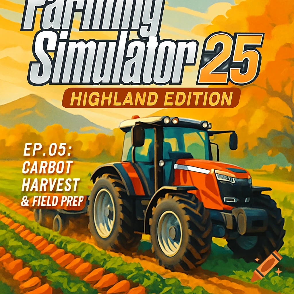 An illustration of a red tractor harvesting carrots in a field, under an autumn sky. Text reads "Farming Simulator 25 Highland Edition" and "Ep. 05: Carbot Harvest & Field Prep".