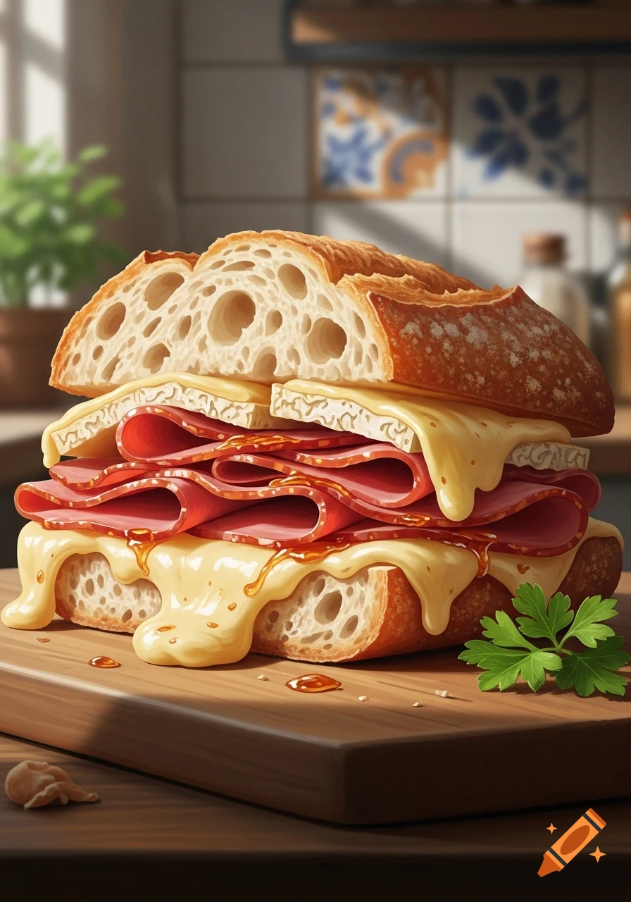 A gourmet sandwich with porous bread, melting cheese, ham, and honey on a wooden board in a kitchen.