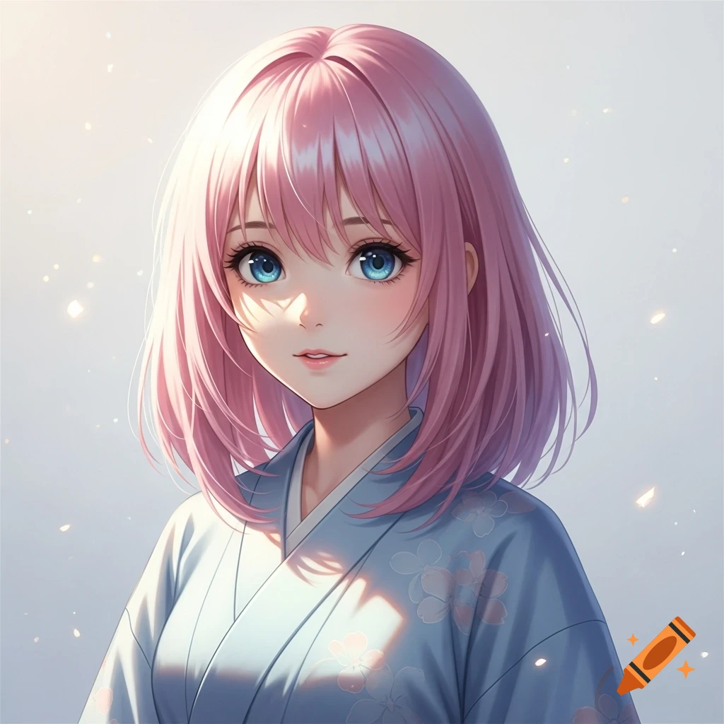 Anime girl with short pink hair and bright blue eyes, wearing a light blue kimono with floral patterns, looking forward.