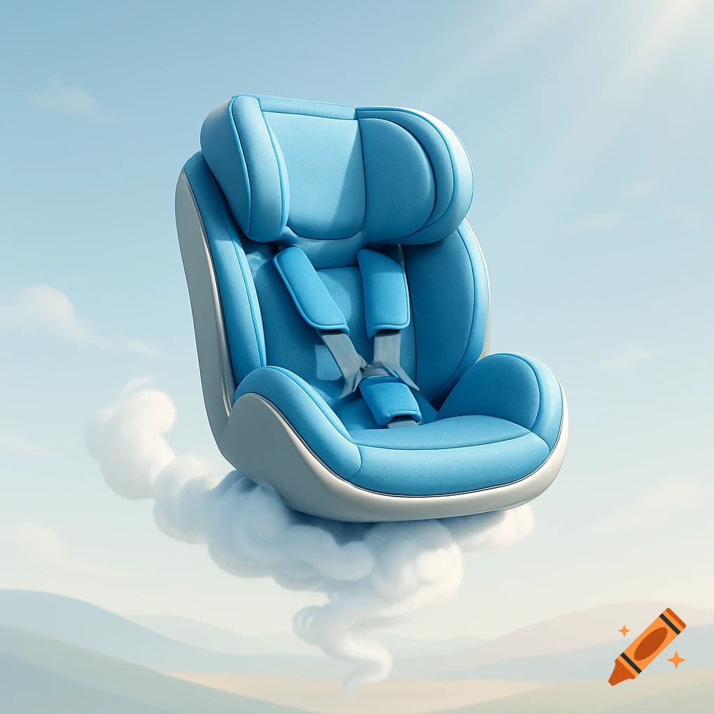 A bright blue baby car seat with grey straps floats on a whimsical white cloud against a clear blue sky and subtle hilly landscape.