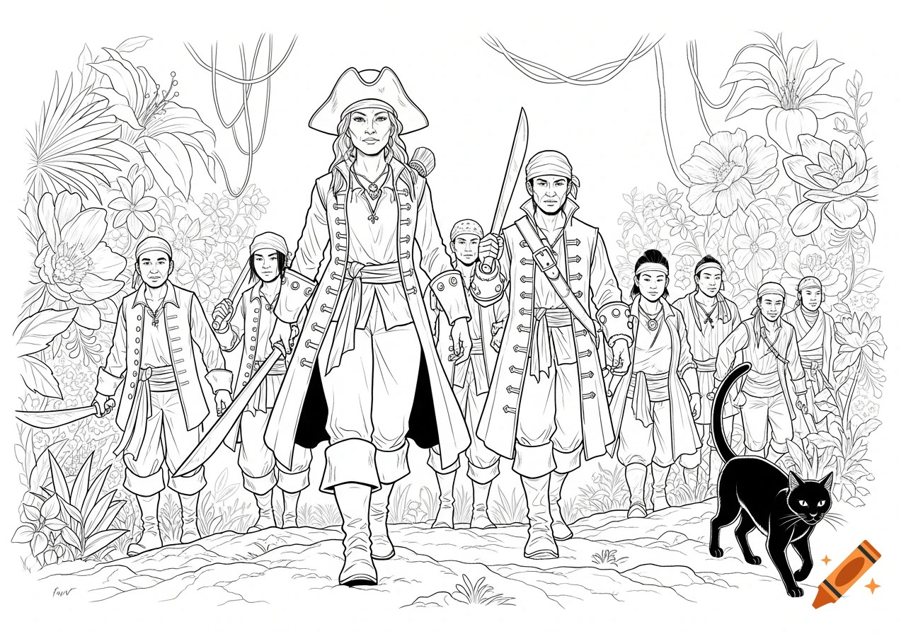 A black and white outline of a pirate captain, her crew, and a black cat walking through a jungle, for coloring.