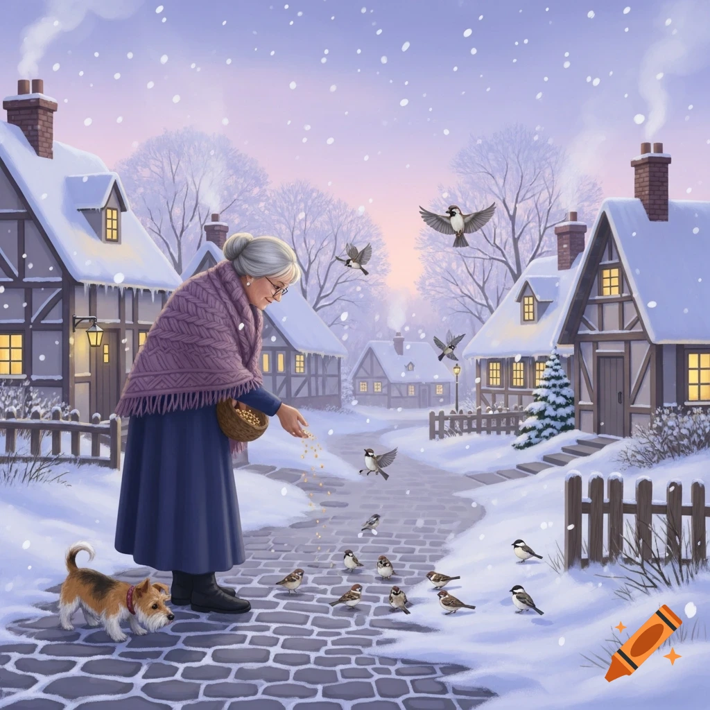 An elderly lady in a snowy village feeds birds while her small dog watches, rendered in a detailed illustration.
