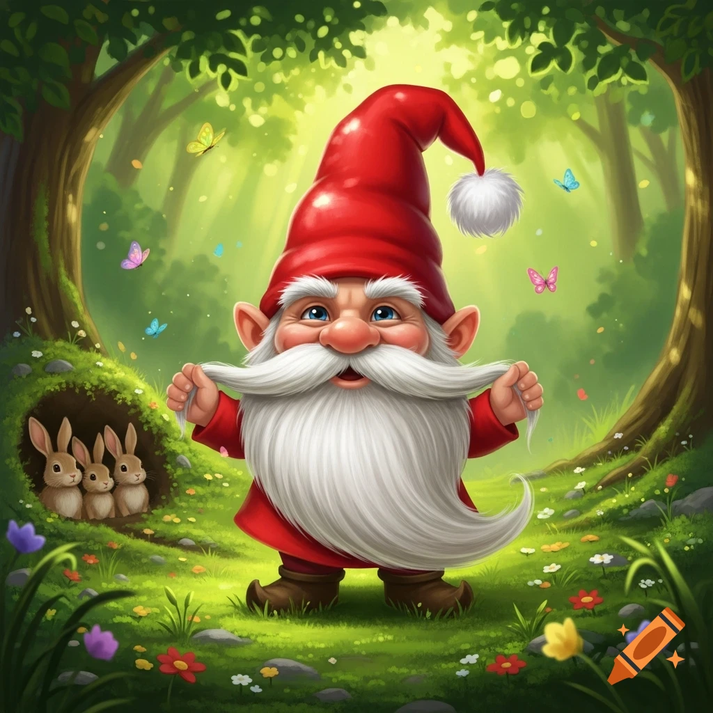 A cheerful cartoon gnome with a red hat and white beard pulls his mustache in a vibrant forest with rabbits and butterflies.