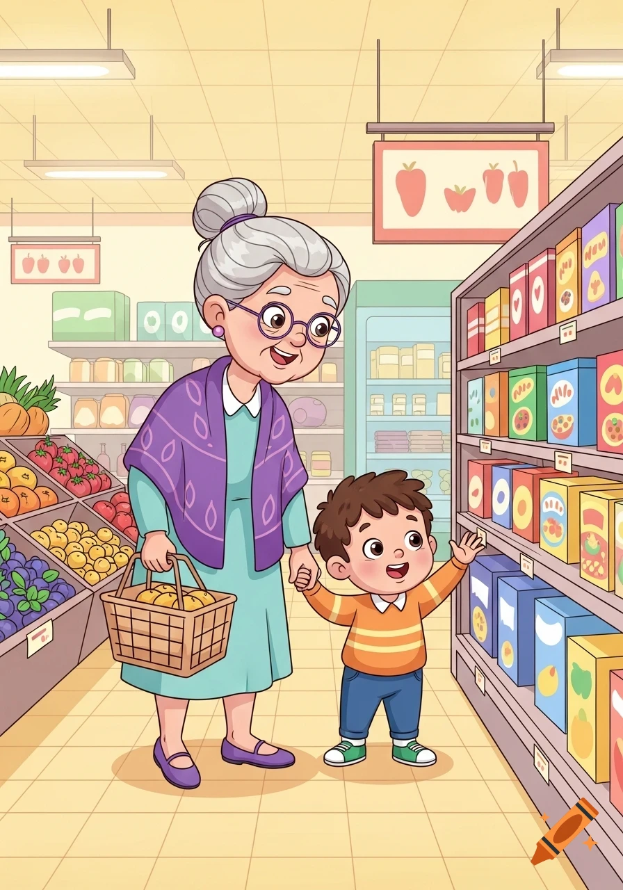 Cartoon illustration of a grandmother and her grandson holding hands, smiling and looking at products on shelves in a brightly lit supermarket.