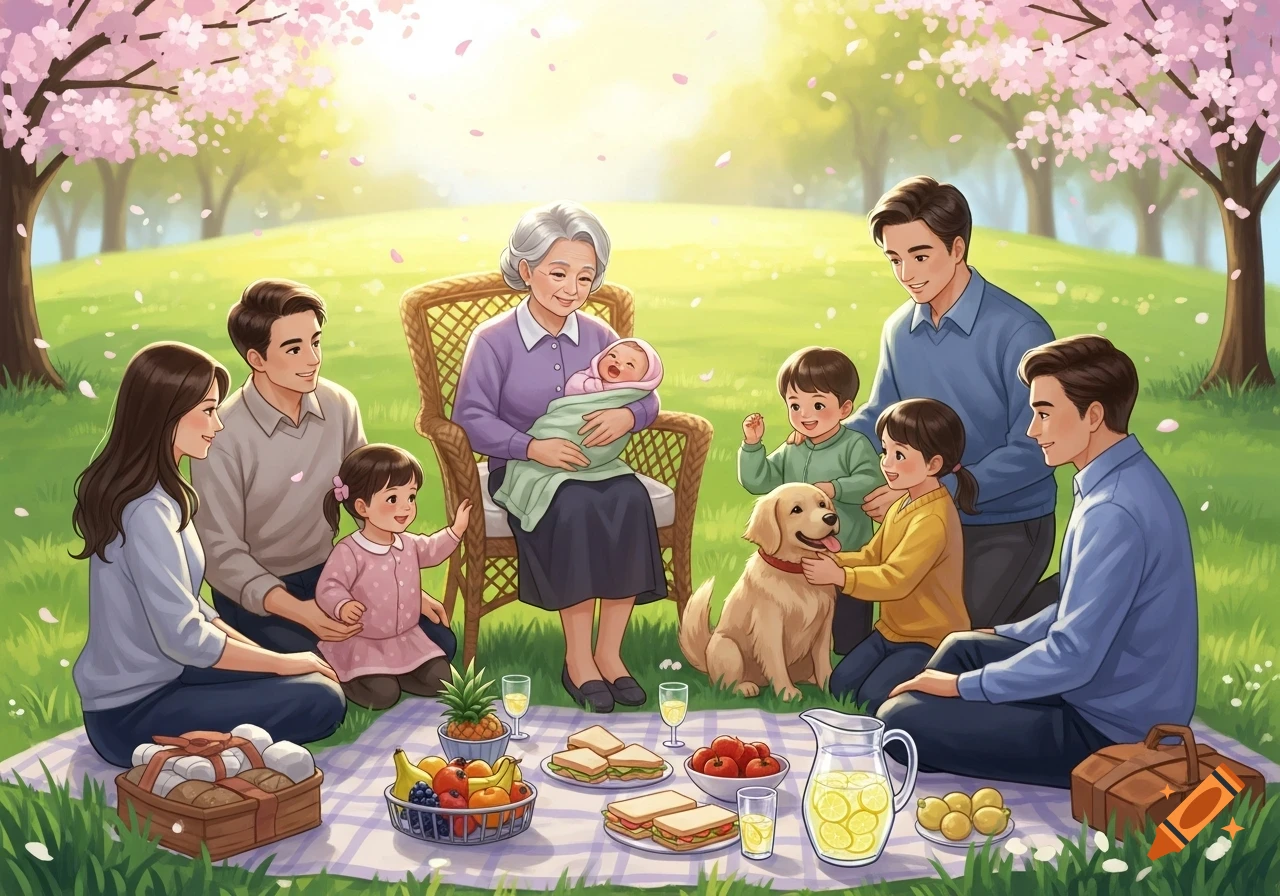 An illustrated Asian family picnic in a sunny park under cherry blossom trees, with parents, children, a baby, grandmother, and a golden retriever.