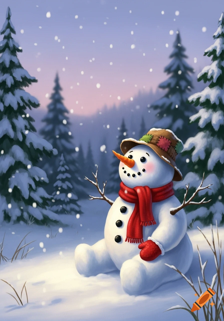 A cartoon snowman wearing a hat, red scarf, and mittens sits in a snowy forest, gazing at falling snowflakes at dusk.