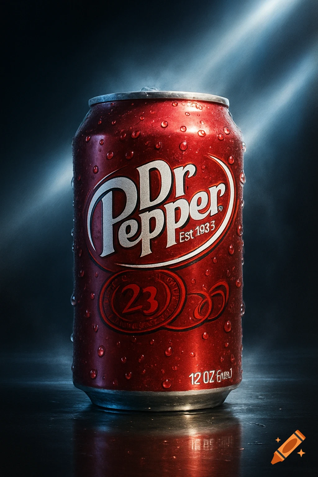 A photorealistic, close-up shot of a cold, condensation-covered red Dr. Pepper can with a black background.