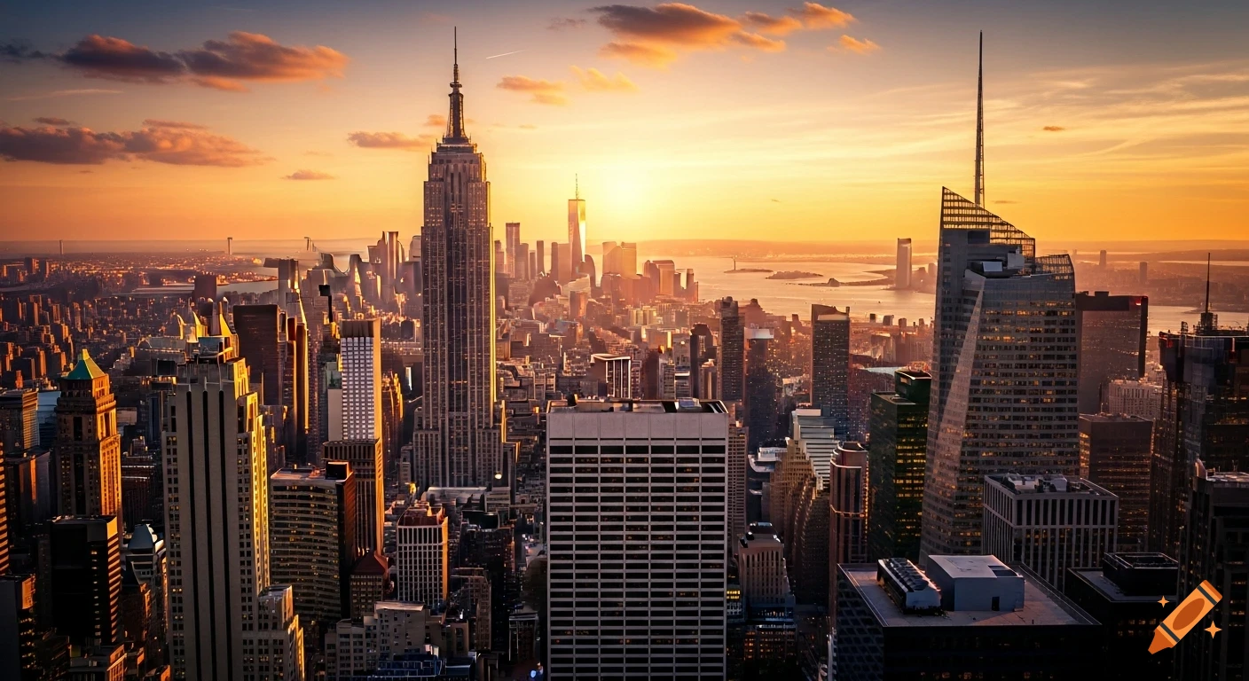 Aerial view of the New York City skyline at sunset, with the Empire State Building and other skyscrapers glowing orange.