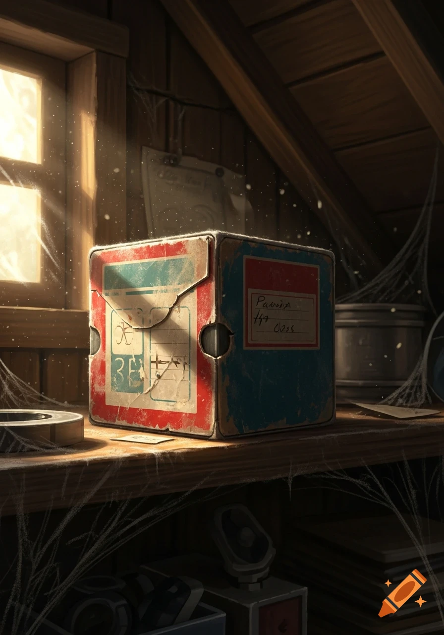 An old, dusty, worn tape box with faded red and blue labels sits on a wooden shelf in a sunlit attic, surrounded by cobwebs.
