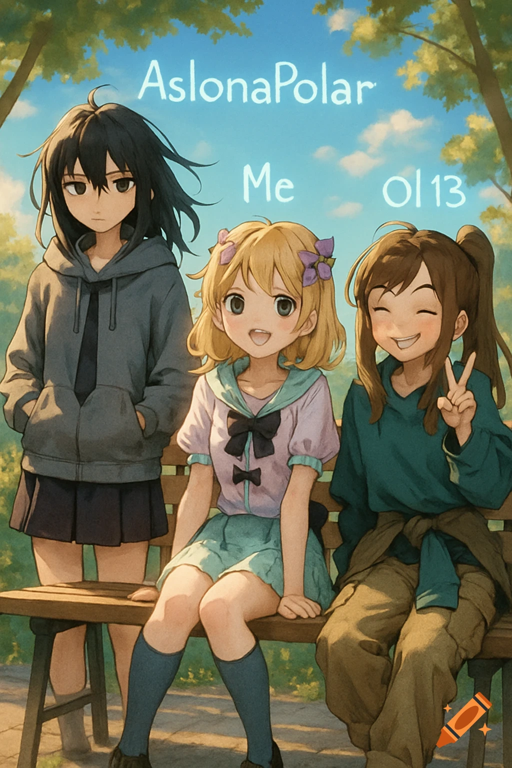 Three anime girls sit on a wooden bench outdoors. The left girl has black hair, the middle has blonde, and the right winks with a peace sign. Text "AslonaPolar Me Ol13" floats above them.