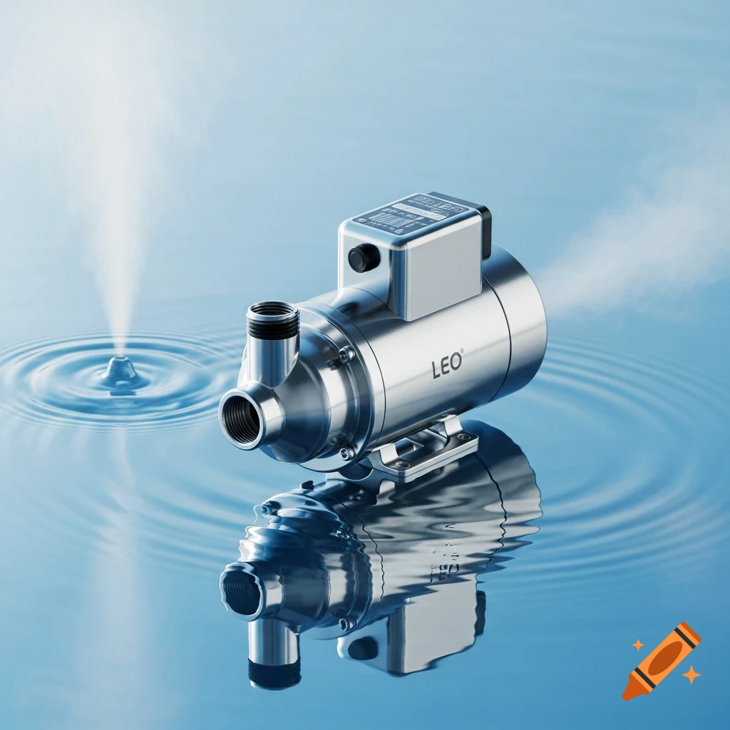 A shiny stainless steel LEO jet pump floats in calm blue water with a small geyser and ripples next to it.
