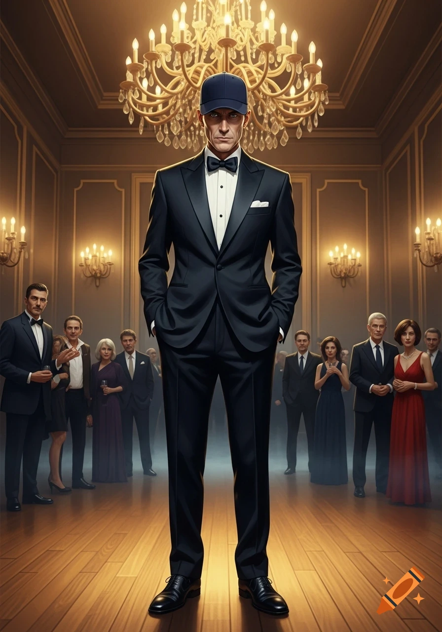 A sharply dressed man in a black tuxedo and a blue baseball cap stands prominently in a grand hall with chandeliers, surrounded by other elegantly dressed partygoers.