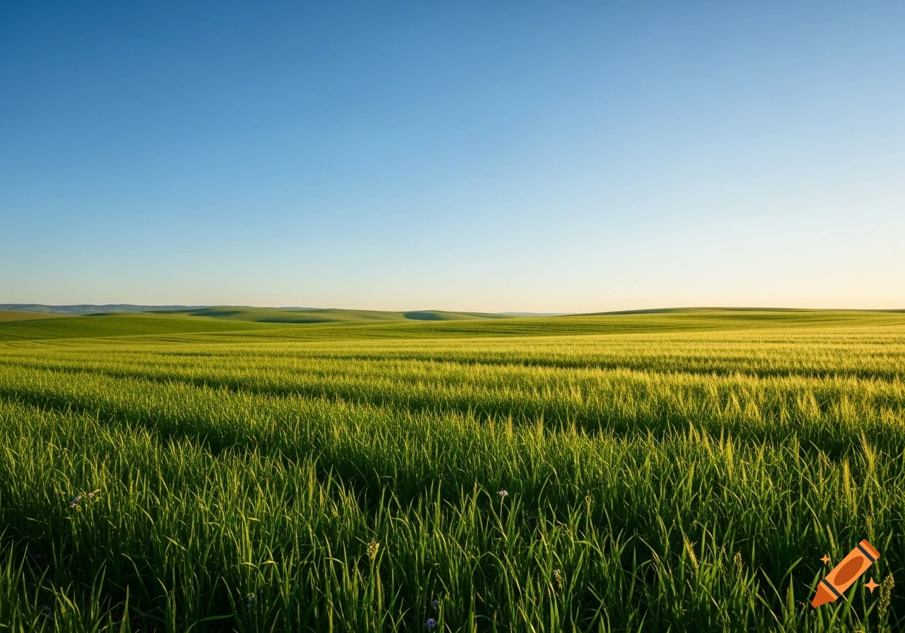 A vast, sunlit green field stretches under a clear blue sky with distant rolling hills.