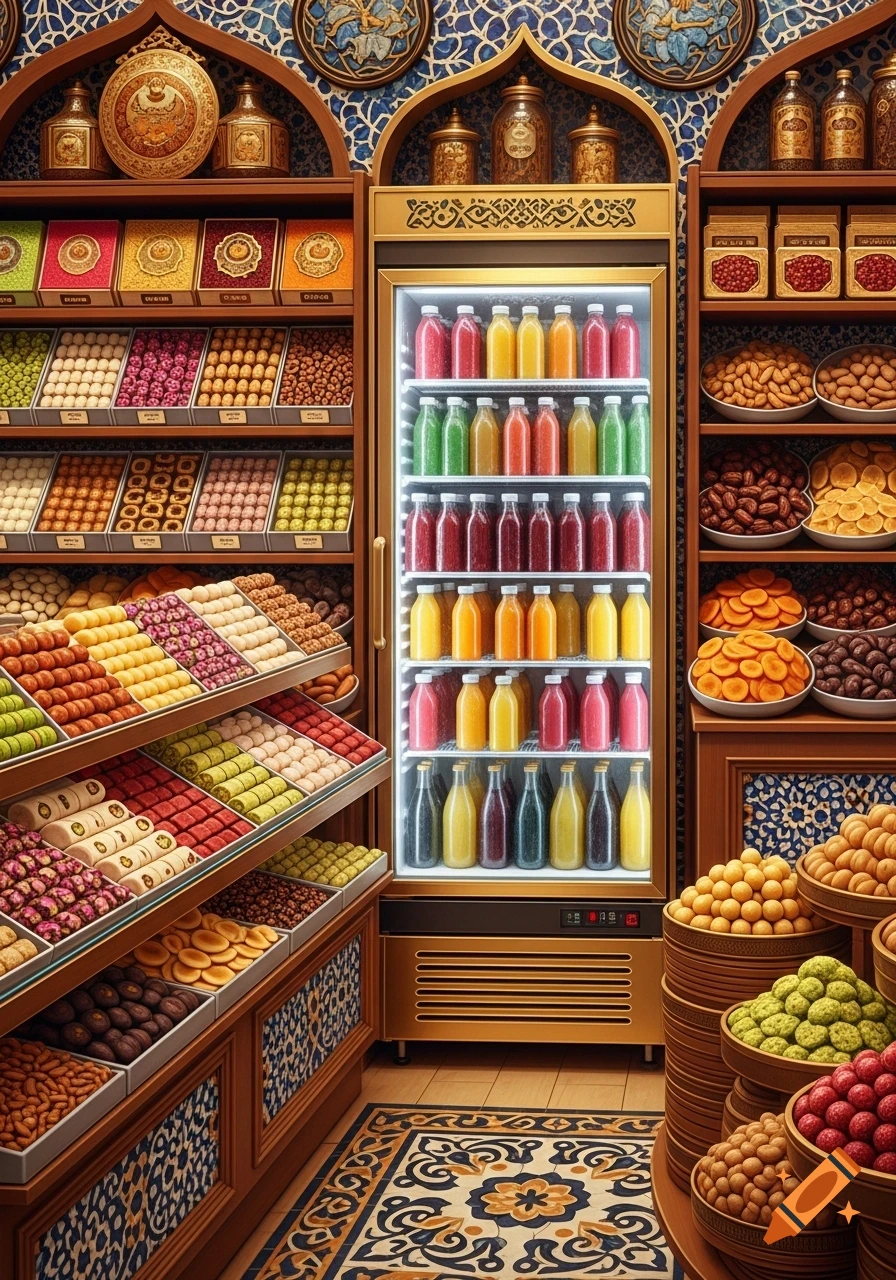 A vibrant, colorful Middle Eastern market stall filled with shelves of various Turkish sweets, dry fruits, and a fridge stocked with bottles of colorful juices.