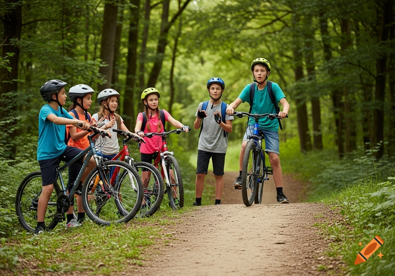 A group of six children in helmets with their mountain bikes on a dirt path in a green forest.