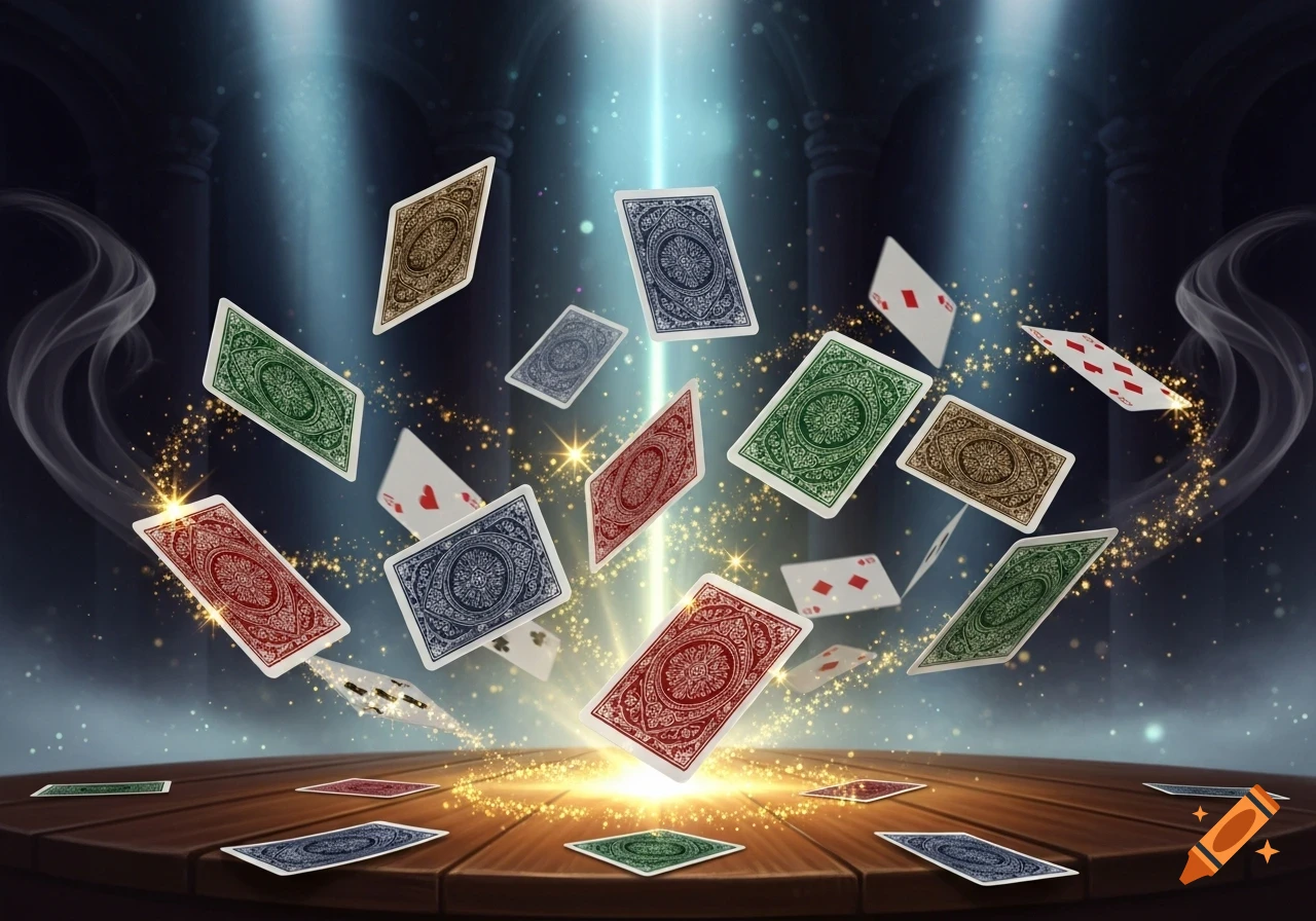 Magical playing cards, some showing suits and ranks, float above a wooden table with glowing particles and a blue-lit background.