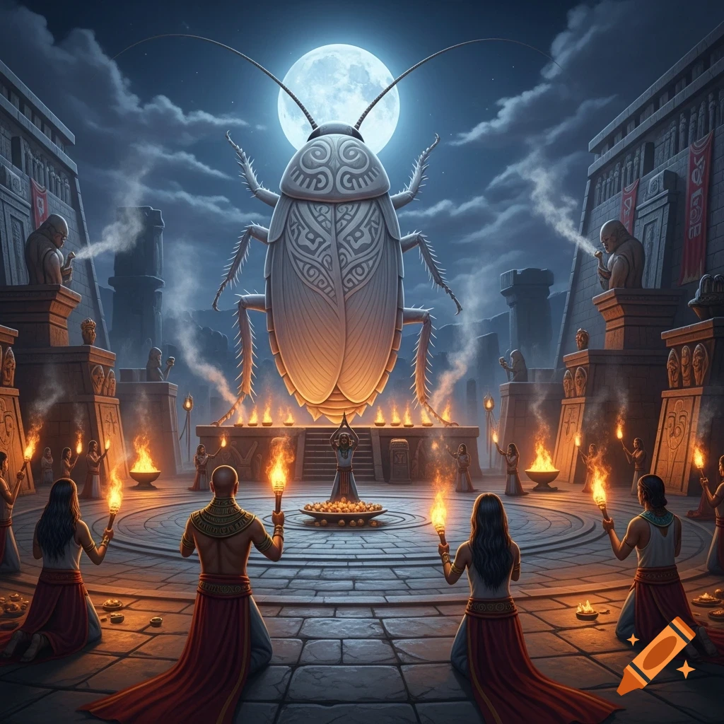 A giant white cockroach deity is worshipped by robed figures in a candlelit ancient temple complex under a full moon, dark fantasy style.