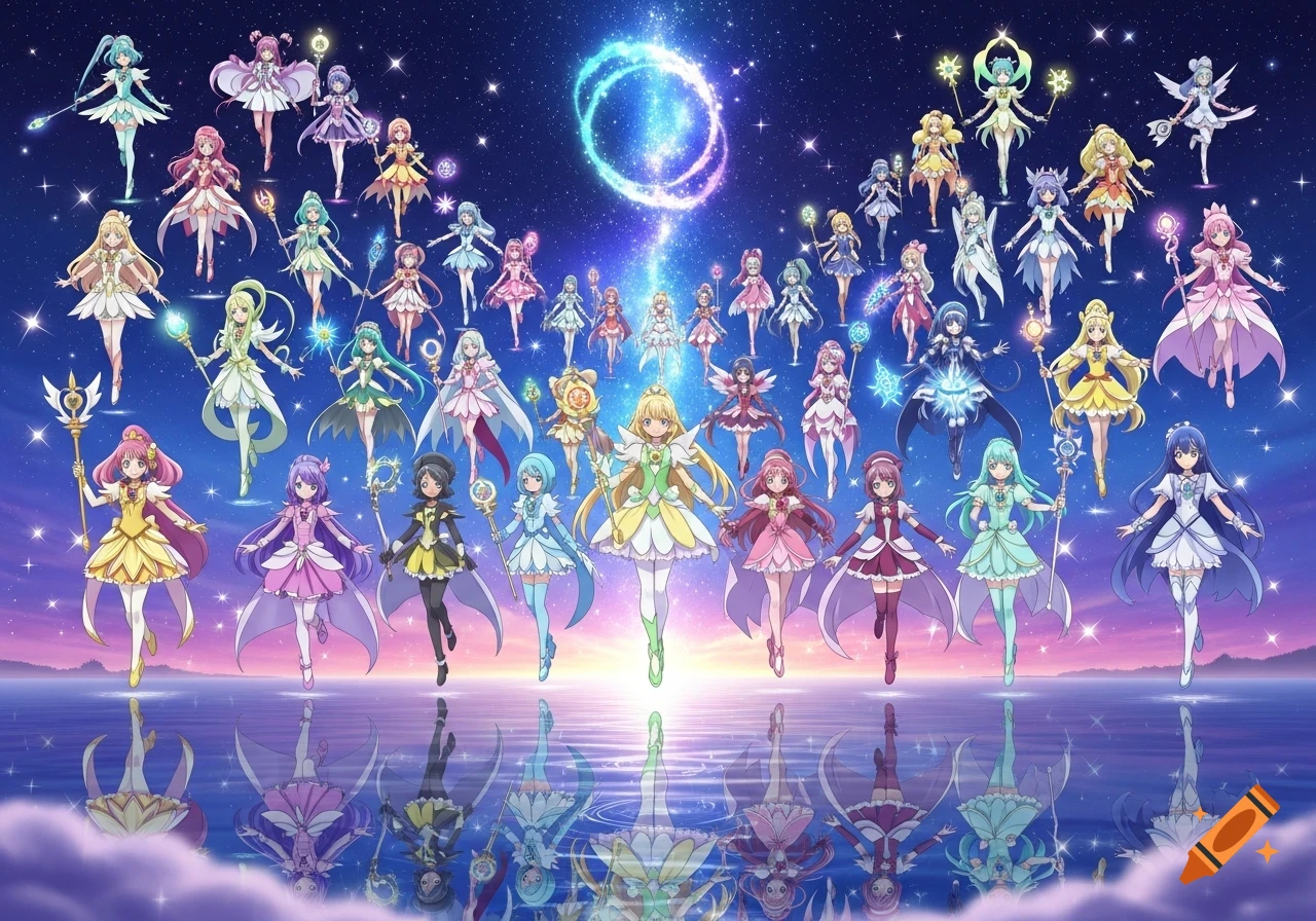 An anime illustration showing many magical girls in colorful dresses posing under a starry night sky with reflections on water.