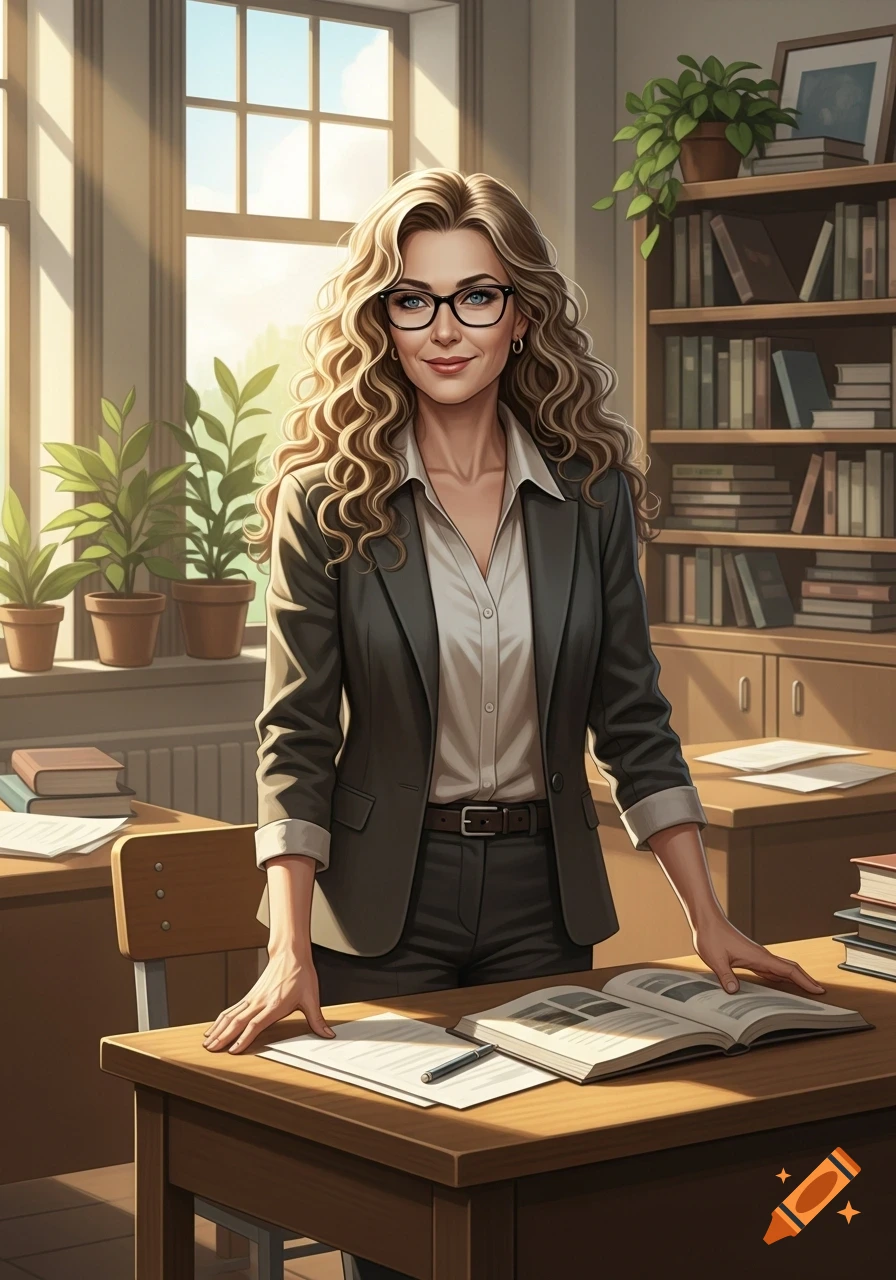 Illustrated portrait of a smiling female teacher with curly blonde hair and glasses, standing in a sunny classroom.