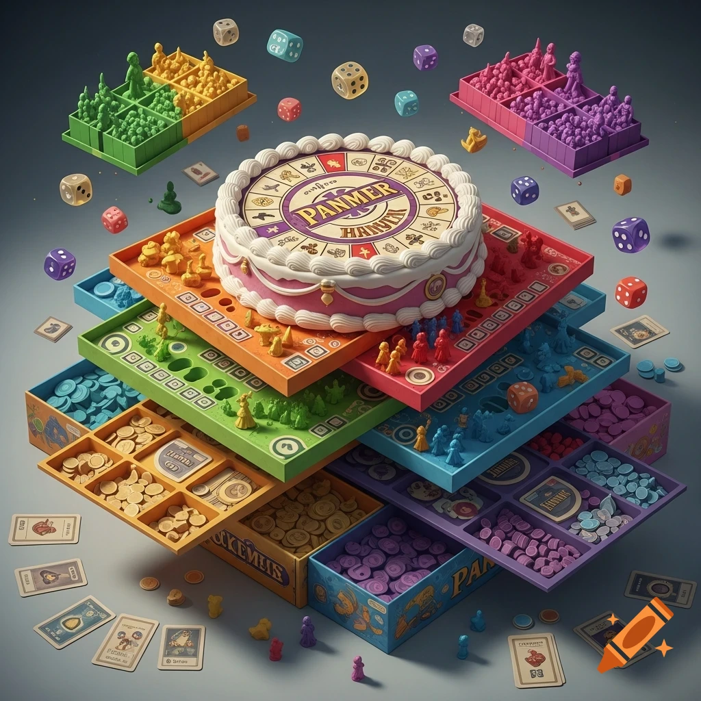 A stack of colorful board game boxes, some open with game pieces, topped by a round game board shaped like a cake, surrounded by dice.