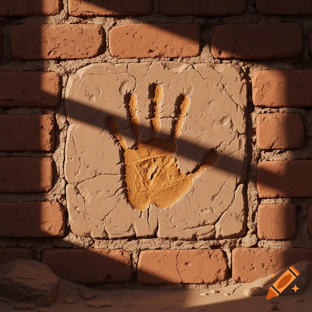 An ancient, textured handprint embedded in a weathered adobe brick wall, bathed in sunlight.