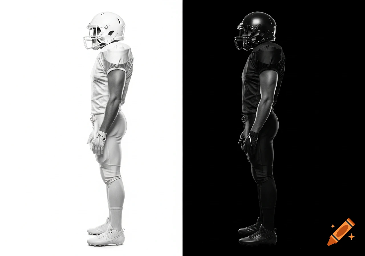 Side view of two identical American football players: one in a white uniform against a white background, the other in a black uniform against a black background.