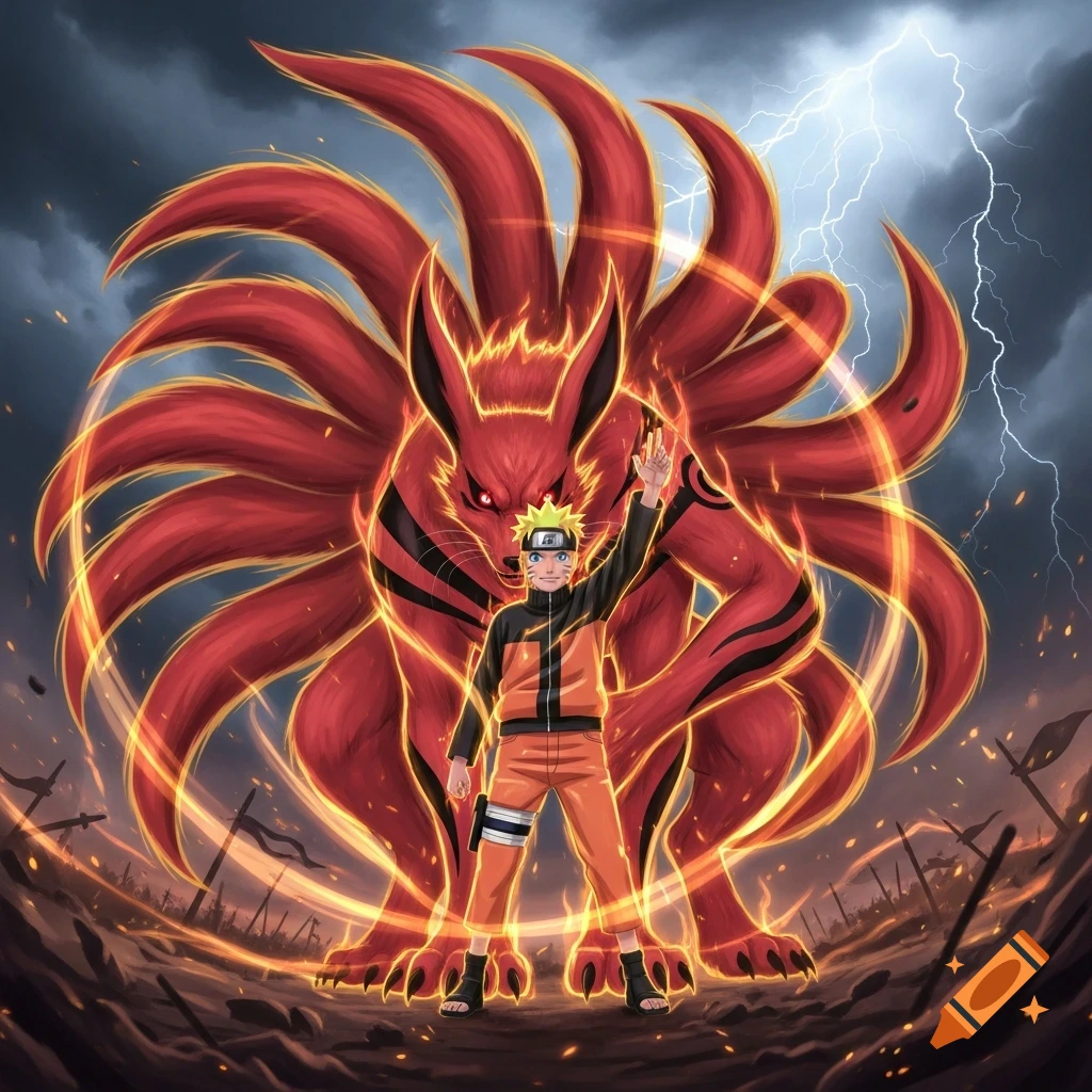 Naruto Uzumaki in his Kurama Link Mode, standing before the fiery nine-tailed fox Kurama amidst a stormy battlefield.
