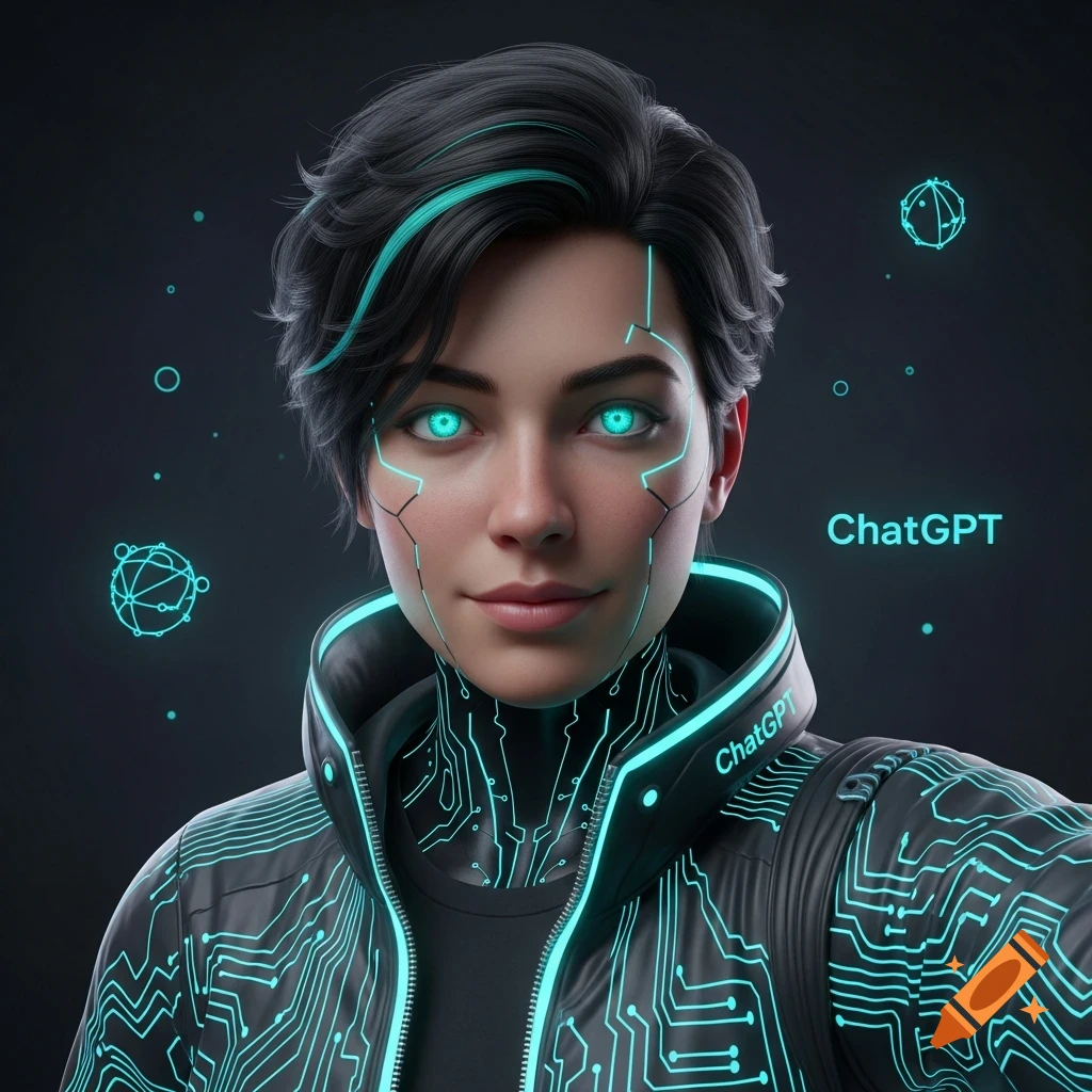 Photorealistic portrait of an androgynous person with glowing blue eyes and neon circuit patterns on their face and jacket, representing ChatGPT.