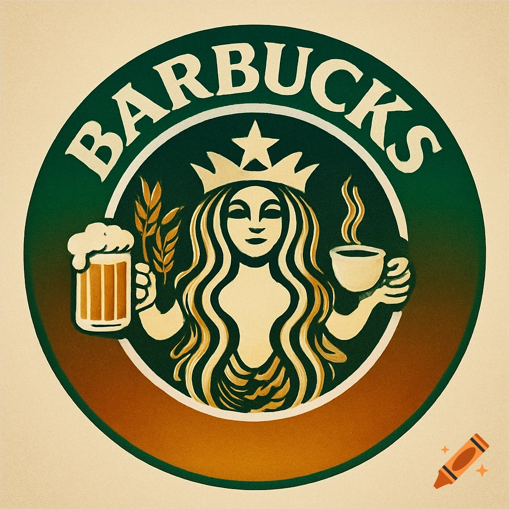 A stylized green and brown circular logo, similar to Starbucks, featuring a siren holding a frothy beer mug and a steaming coffee cup, with the text "BARBUCKS" at the top.