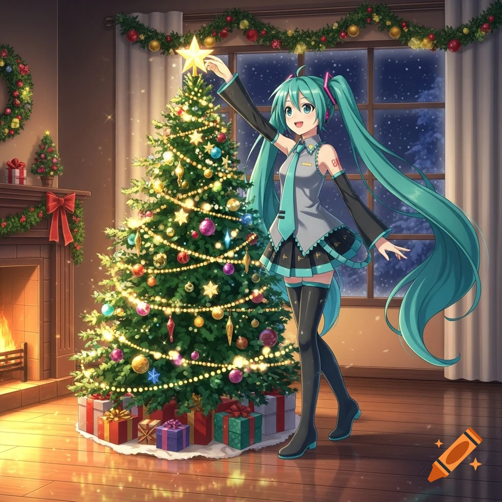 Hatsune Miku, in anime style, places a star on a brightly lit Christmas tree in a cozy room with a fireplace and presents.