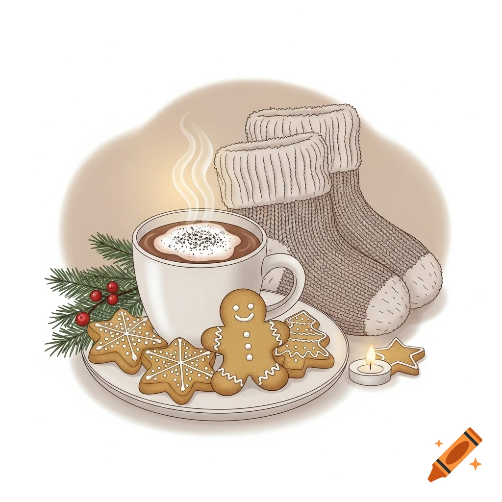 A cozy Christmas illustration with hot cocoa, gingerbread cookies, and ...