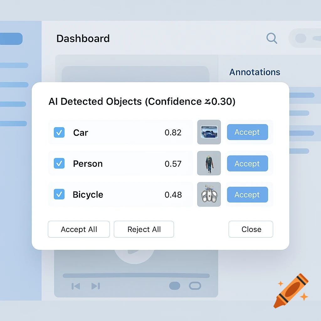 A clean modern SaaS UI dashboard with a modal dialog titled 'AI Detected Objects', listing Car, Person, and Bicycle with confidence scores and 'Accept' buttons.