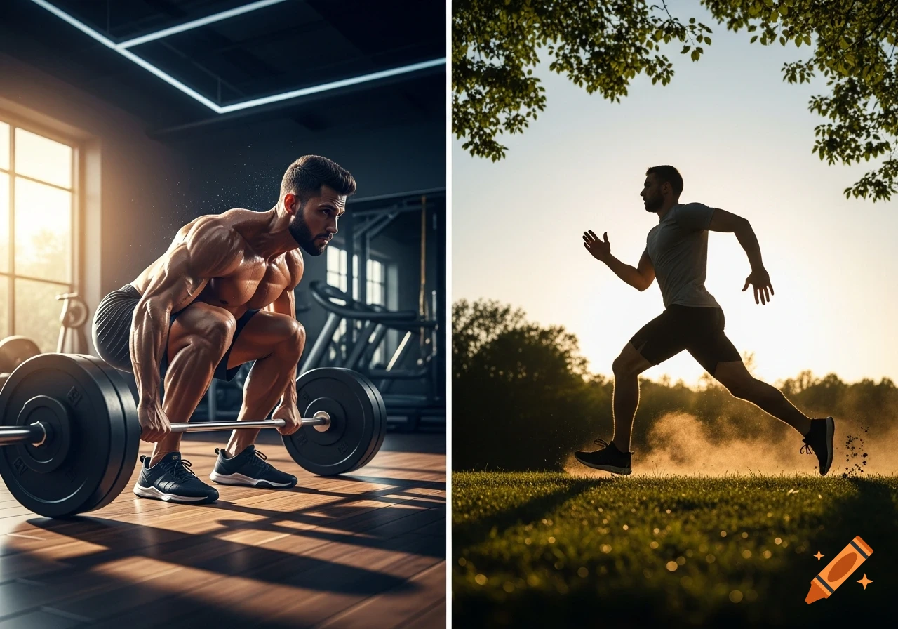 Diptych of a muscular man weightlifting in a gym and another man running outdoors at sunset.