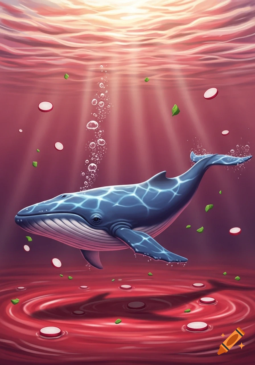 An illustrated blue whale swims gracefully in a vibrant red liquid, with white radish slices and green leaves floating around it, illuminated by rays of light from the surface.