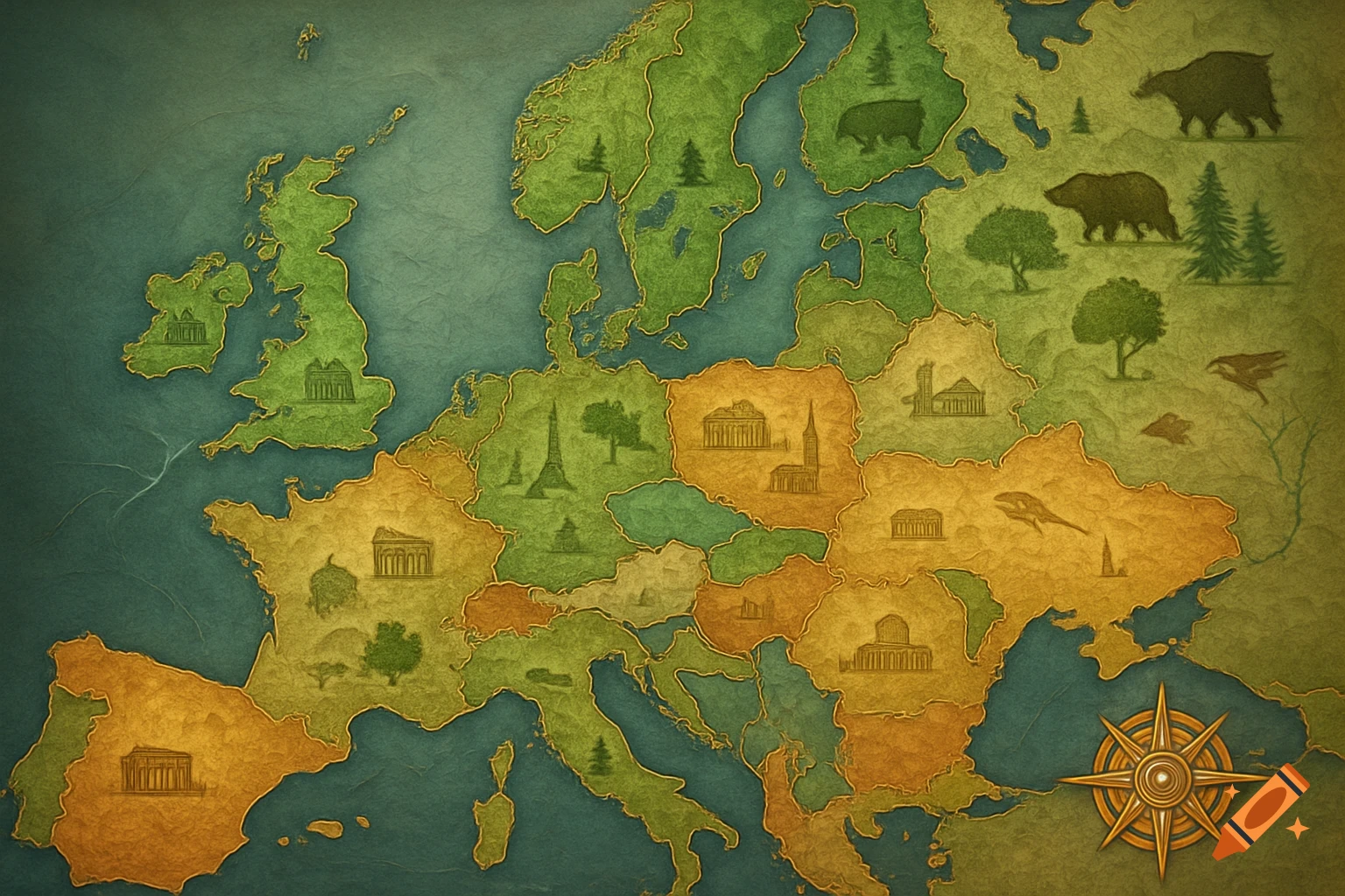 Stylized vintage-style map of Europe with countries in green and orange, featuring silhouetted landmarks and animals.