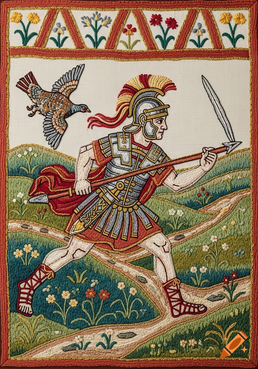 A Roman legionnaire in armor runs with a spear, chasing a flying grouse in a Bayeux tapestry-style embroidered scene.
