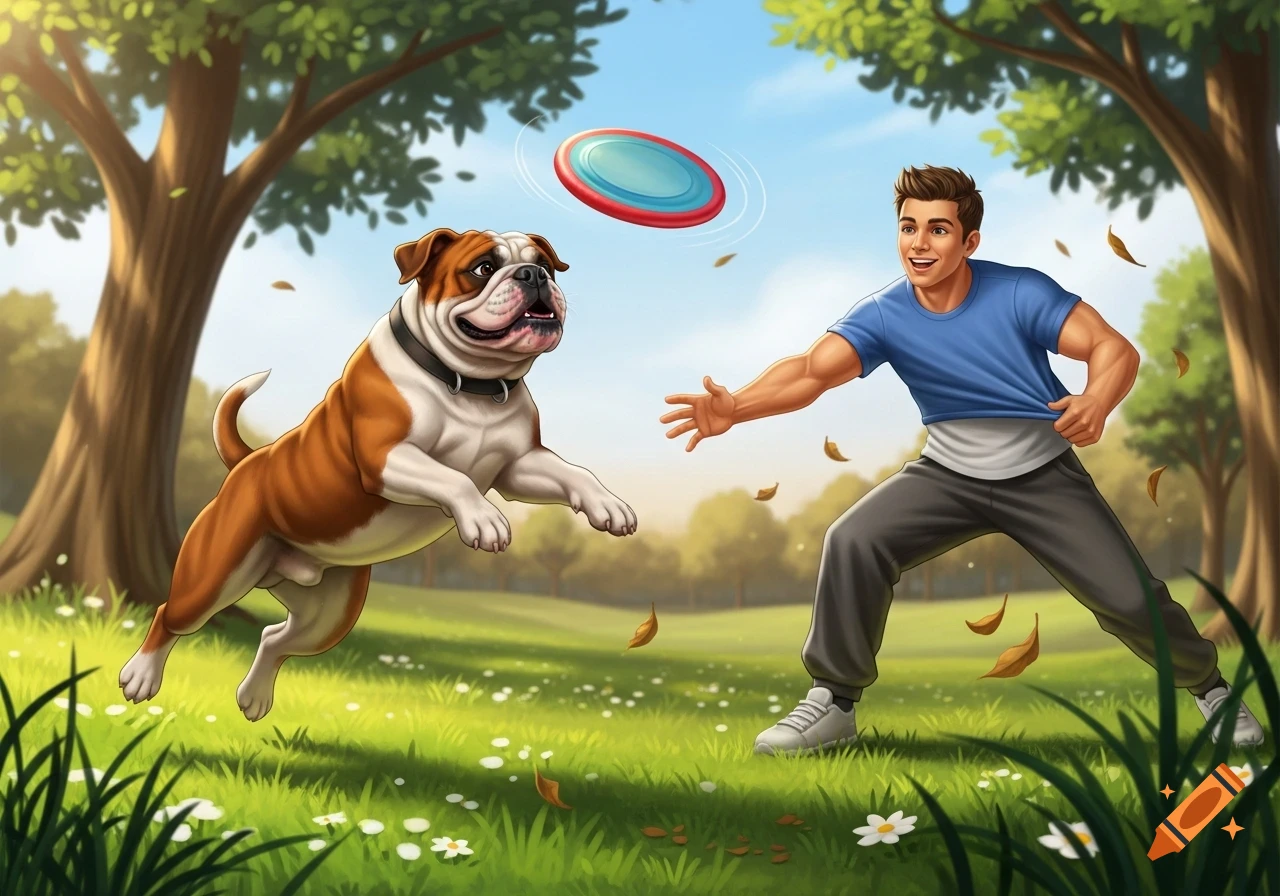 An energetic bulldog jumps to catch a frisbee thrown by a smiling young man in a sunny park with trees and flowers, illustrated.