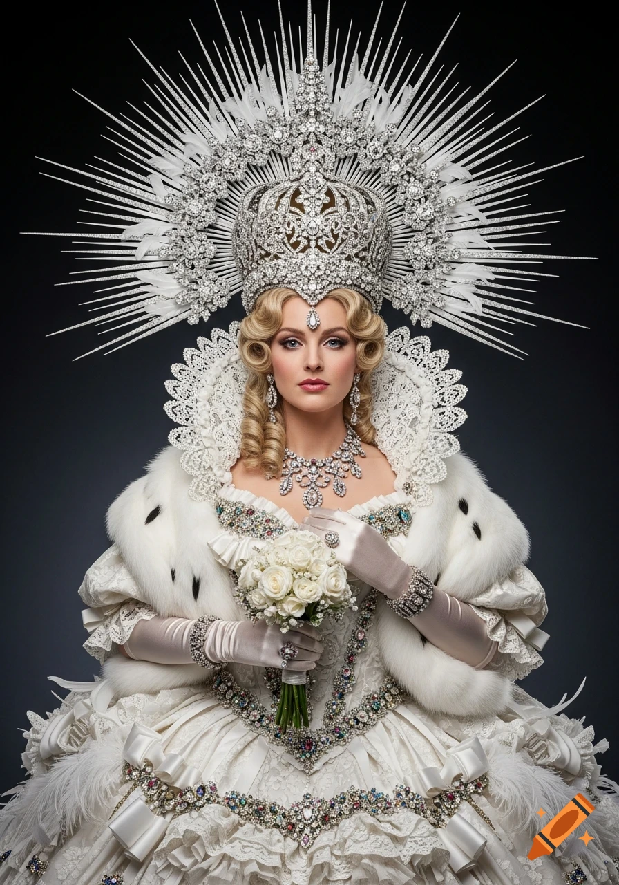 Photorealistic portrait of a queen in an opulent white gown, fur stole, elaborate spiked crown, and holding a bouquet of white roses.