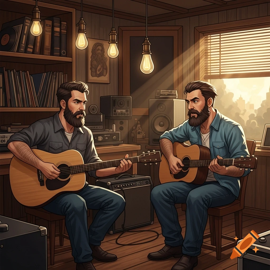 Two bearded men play acoustic guitars in a rustic, sunlit room with audio equipment and records, in an illustrated style.