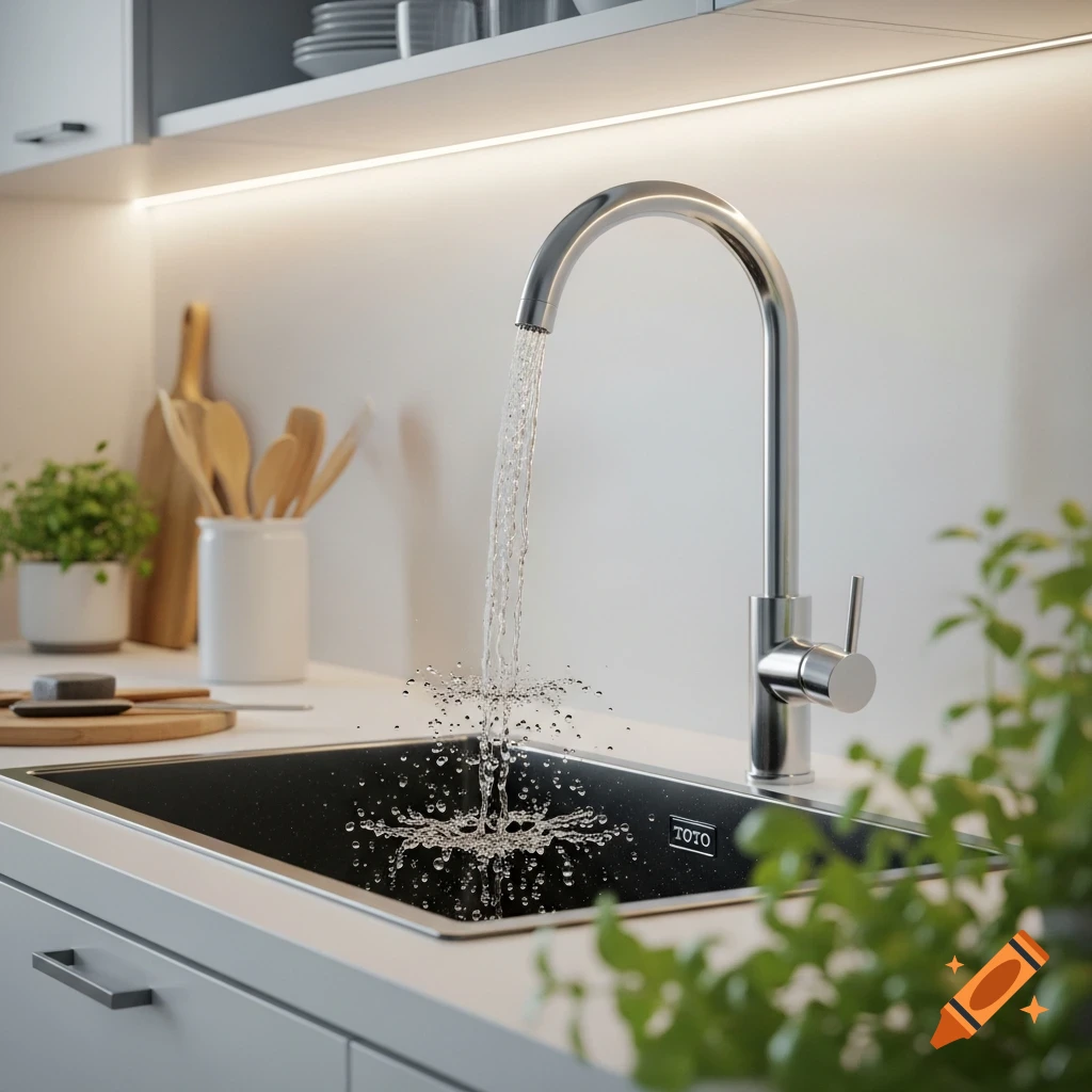 A modern kitchen sink with a chrome faucet spraying water, highlighting the 'TOTO' brand label on the black surface.
