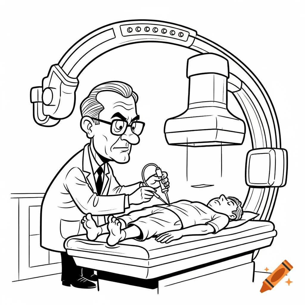 Black and white cartoon of a doctor performing a medical procedure on a patient lying under a C-arm fluoroscopy machine.