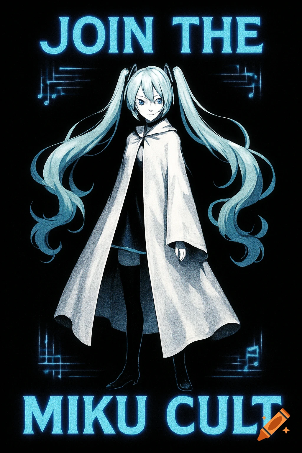 Hatsune Miku stands in a long white cloak with blue text 'JOIN THE MIKU CULT' on a black background, in anime style.