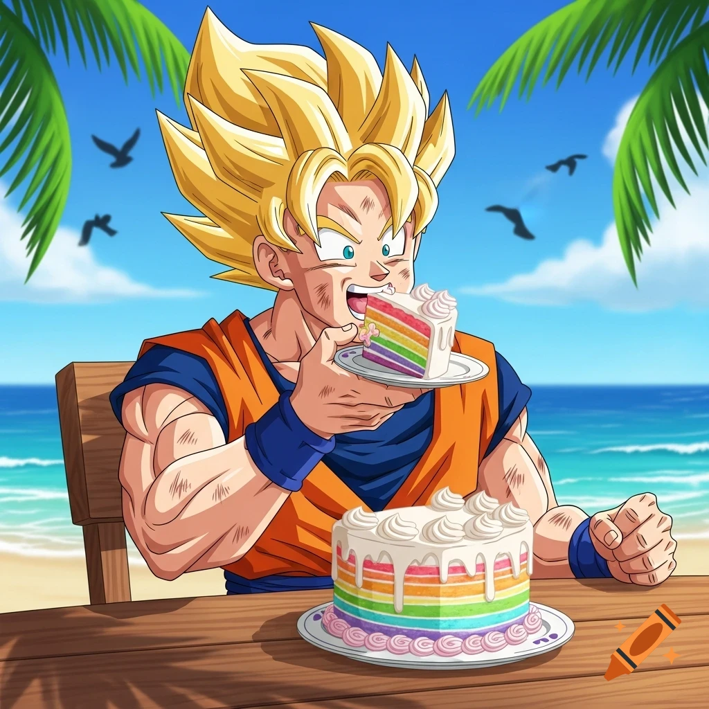 Goku with blonde hair in an orange gi happily eats rainbow cake at a table on a sunny beach.