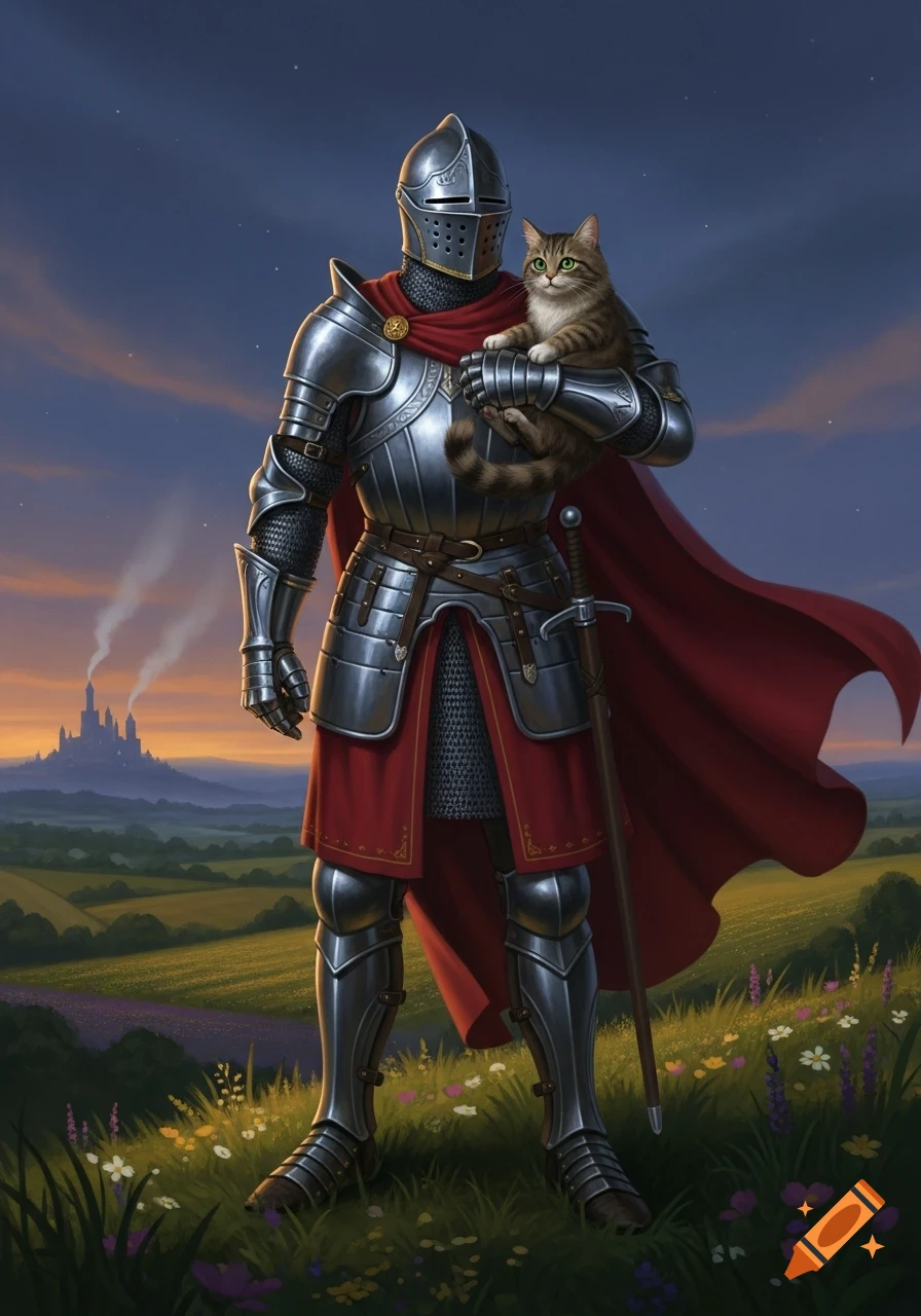 A knight in shining silver armor and a red cape holds a tabby cat ...