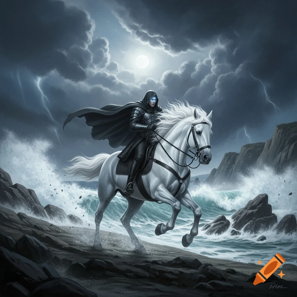 A hooded figure on a white horse gallops along a rocky coast under a stormy moonlit sky with lightning. Fantasy art style.